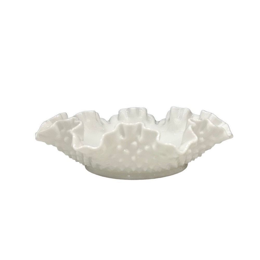 Fenton Ruffled Milk Glass 7.5” Round Bowl White Hobnail Ruffle Edge Vintage